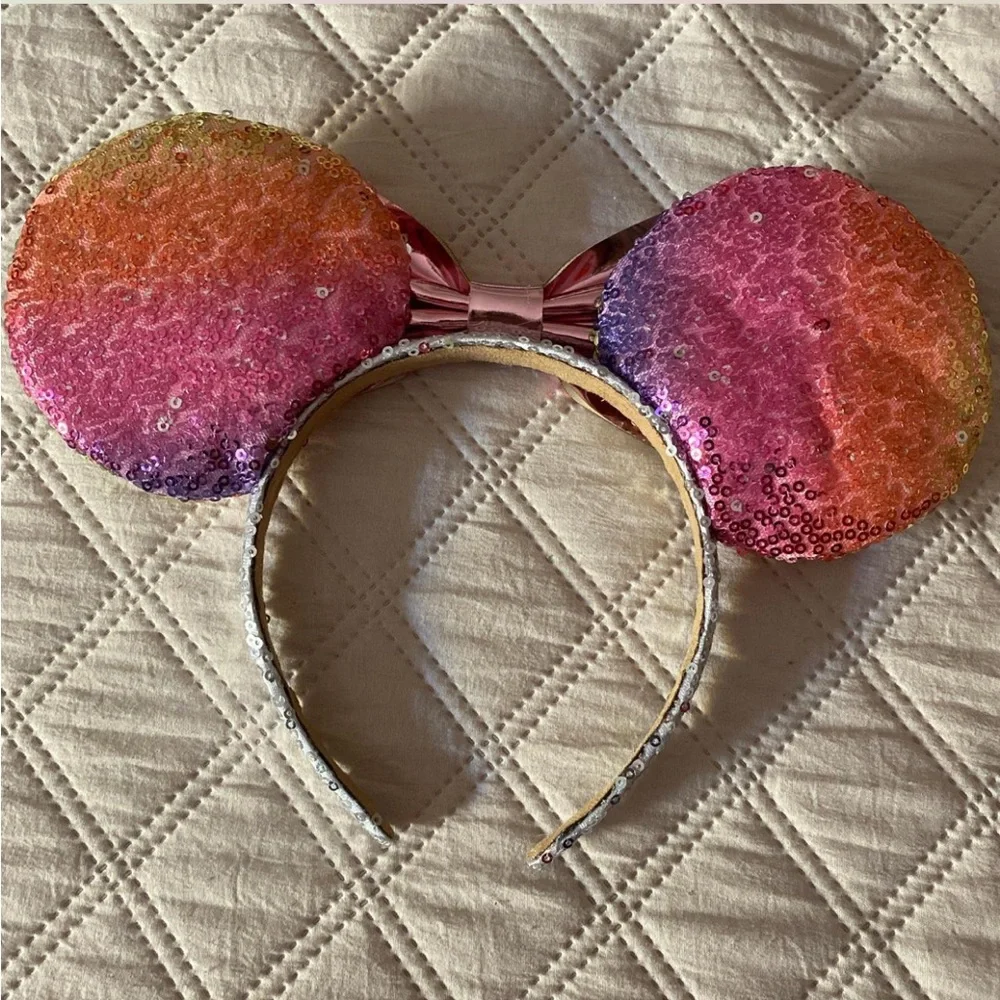 Rainbow Sequin Mouse Ears with Pink Bow